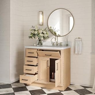 ARIEL Hepburn 37" Inch Oak Single Bathroom Vanity with Sink, Italian Carrara Marble Countertop 1.5 inch Edge and backsplash, Soft Closing Door and Drawer, Matte Black