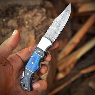 Poshland Steelware Custom Damascus Steel Folding Pocket Knife – Handmade, Compact for Outdoor, Camping, Hiking and Hunting (Blue Pakka Wood)