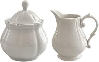 Vintage Embossed Ceramic Creamer and Sugar Bowl Set, Cream Pitcher, Sugar Bowl with Lid, Coffee Serving Set-White-Creamer Bowl Set