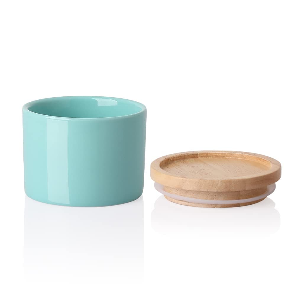 Sweejar Kitchen Canisters Ceramic Food Storage Jar, Stackable Containers with Airtight Seal Wooden Lid for Serving Ground Coffee, Tea, Sugar, Spice and More - 5 Fl Oz(Turquoise)