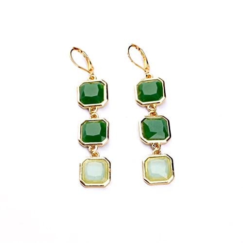 GREEN & WHITE LINEAR SQUARES GOLD -TONE STUD DROP LEVERBACK EARRINGS in GIFT BOX