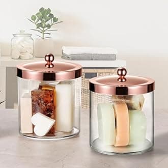 2 Pack SheeChung 50oz Large Apothecary Jar with Rose Gold Rust-Proof Lid - Shatterproof Plastic Laundry Pods Container - Chic Rose Gold Bathroom & Vanity Storage Organizer for Scent Beads, Salts