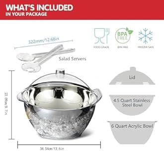 INNOVATIVE LIFE Large Salad Bowl with Ice Chiller Base and Lid, Kitchen Refrigerated Veggie Tray with Two Long Spoons, Party Platters for Food, Clear