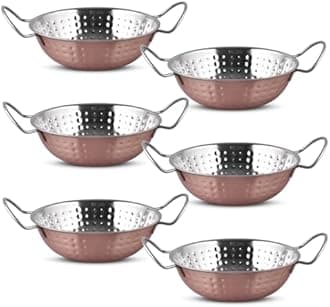 Set of 6 Indian Copper Balti Dishes 20cm Traditional Curry Bowls with Handles Handcrafted Copper Pots for Indian Food & Restaurant Serving