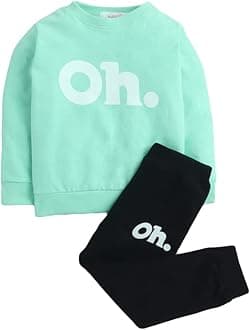 Boys and Girls Cotton Text Print Sweatshirt and Jogger Set in Green Color