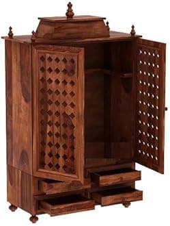 JB Art Sheesham Wood Mandir for Home | Temple for Home with 2 Doors, Four Drawer & Dhup Bati Stand | Pooja Mandap (Honey Oak Finish)