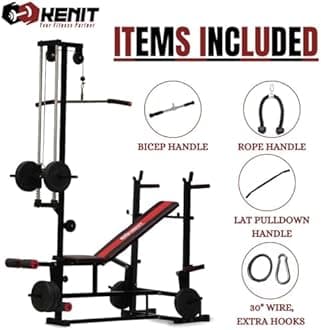 KENIT 10KG -100KG Rubber Coated Weight Plates Combo with 20 IN 1 Home Gym Bench, 5Ft Plain and 3Ft Curl Barbell Rods (23mm), Pair of Steel Dumbbell Rod & Accessories (90, Kilograms)