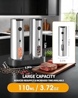 CIRCLE JOY Rechargeable Electric Salt and Pepper Grinder Set, 2-speed Stainless Steel Automatic Pepper Mill Grinder w/Charging Base, Adjustable Coarseness, LED Light, 110ml Large Capacity Top Fill
