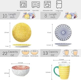 Selamica Ceramic Dinnerware Sets for 6, 24 Piece Plates and Bowls Sets, Scratch Resistant Dishes Set-Dishwasher & Microwave & Oven Safe, Assorted Colors A