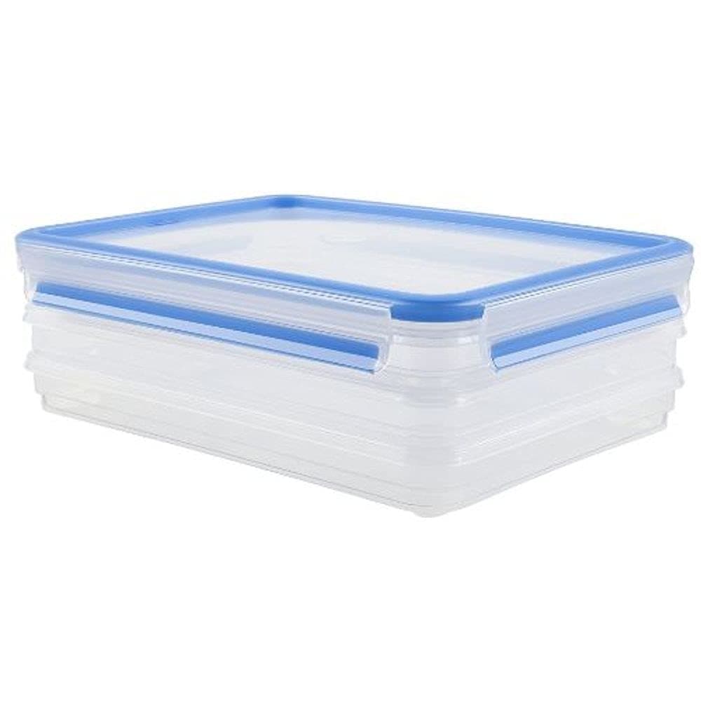 Emsa 508556 Clip & Close stacking boxes, 26.5 x 19.4 x 9.6 cm, 3 x 1 litre transparent/blue