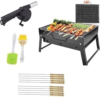 Barbecue Grills - Foldable Charcoal Barbeque Grill With (2 Spatula, 1 BBQ, 10 Stick & 1Air Blower) Outdoor Bbq Grill Tools For Camping Picnics Traveling - Stellar Black ( Barbecue set )