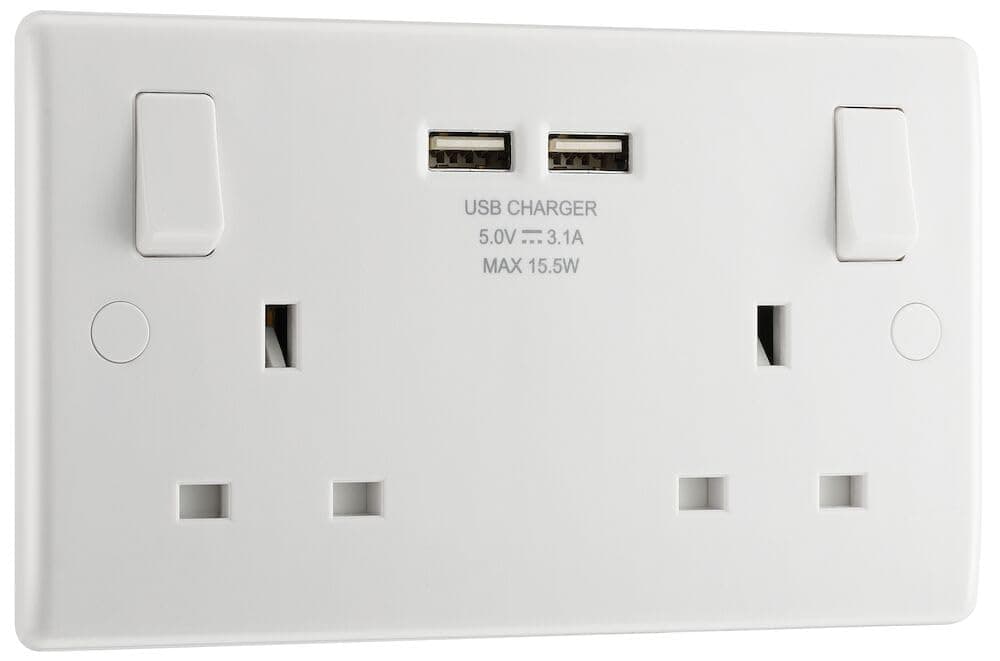 British General Bg electrical double switched 13 a fast charging power socket with two usb charging ports, 3.1 a, 5 v, 15.5 w, round edge, white