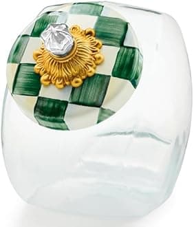 Cookie Jar with Enamel Lid, Large Glass Treat Jar or Kitchen Jar, 1-Gallon Capacity, Green-and-White Emerald Check