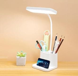 Desk Lamp,2025 New Upgrade 3 Brightness Levels Dimmable Gooseneck Adjustable Rechargeable Led Led Desk Lamp with Pen Holder,Desk Light,white Cute Desk Lamp for Home Women Office Dorm Bedroom