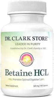 Dr. Clark Betaine HCL Digestive Enzymes - Acid Reflux Medicine, Hydrochloric Acid Protein Supplement, Optimal Digestion Formula, 100 Gelatin Capsules, 425 mg