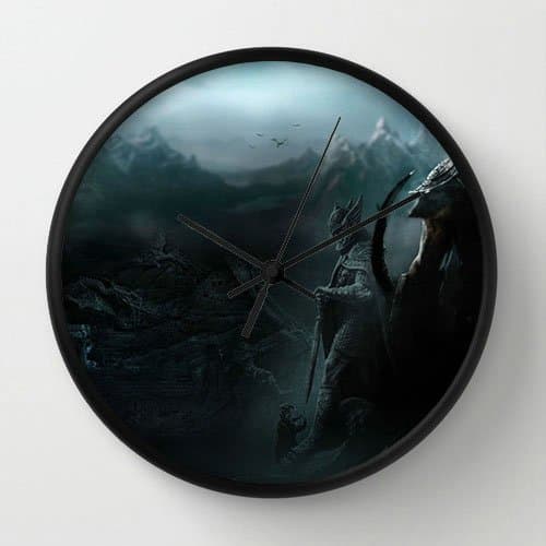 Custom Art Design personality Gaming Wall Decor Clock Custom The Elder Scrolls Skyrim Warrior Mountains Dragon Helmet Black Frames Wall Clock 10" Diameter Unique Wall Clocks