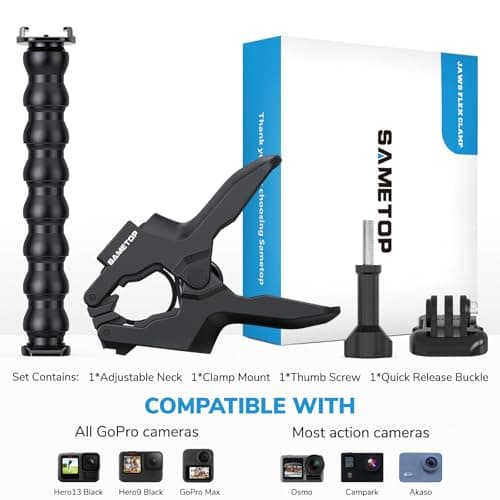 Jaws Flex Clamp Mount with Adjustable Gooseneck Compatible with Gopro Hero (2018), Fusion, Hero 7, 6, 5, 4, Session, 3+, 3, 2, 1 Cameras