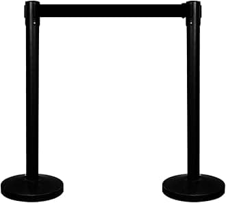 Queue Barrier with 3Meter Retractable Belt | Black Crowd Control Post with Weighted Base | 4-Way Connectable Stanchion with Powder-Coated Iron Finish for Queue Management & Events - Set of 2