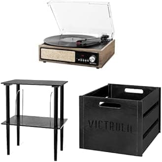 Victrola 3-in-1 Bluetooth Record Player, Farmhouse Walnut & Victrola Wooden Stand for Wooden Music Centers with Record Holder Shelf, Black & Victrola Wooden Record Crate, Black