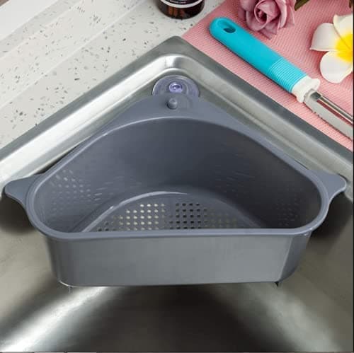 FLYFAR Sink Stainer | No Drilling Triangular Drain Shelf Kitchen Sink Strainer Holder | Multi-Functional Box for Soap Dish Washing Sponge Vegetables & Fruit Drain Rack | Grey Sink Organiser