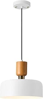 TeHenoo Modern Pendant Light,12 inch,Natural Wood and Brass Accent,Adjustable Simple Pendant Light Fixture for Kitchen Island, Dining Room, Matte White