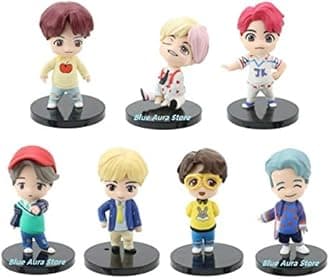 Blue Aura BTS BT21 Set of 7 Action Toy Figure Collectible Height - 6.5-7.8 cm Multi Color (Yellow Specs Standing)