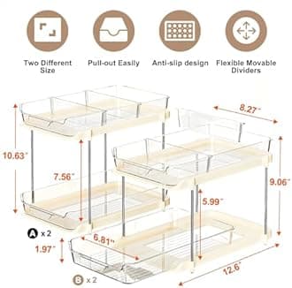 Delamu 2-Tier Multi-Purpose Bathroom Under Sink Organizers and Storage, Stackable Kitchen Pantry Organization, Pull Out Medicine Cabinet Organizer with Movable Dividers, Beige, 4 Pack