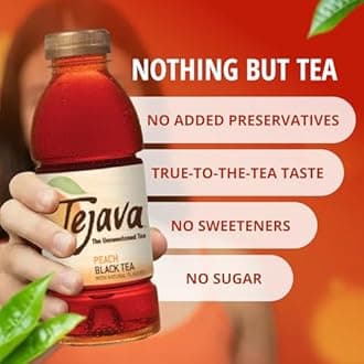 Tejava Peach Black Iced Tea, 6 Pack, 16.7oz PET Bottles, Unsweetened, Non-GMO, Kosher, No Sugar or Sweeteners, No calories, No Preservatives, Brewed in Small Batches