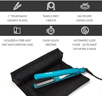 KARMIN G3 Salon Pro 1" Professional Tourmaline Ceramic Flat Iron Hair Straightener Ionic Hair Straightening Styling Iron, Straighten, Curl, Wave, Dual Voltage, Auto Shut Off, Carrying Case, Turquoise