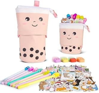 Primo Lines Stationary Set - Cute Stationary Set Pop Up Pencil Case, Kawaii Stationary Set comes with 1 Pop Up Boba Pencil Case Pink or Brown, Unicorn Pencil Case Unicorn Stationary Set For Girls