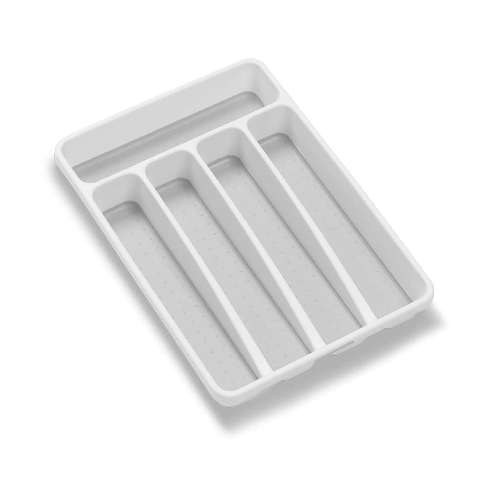 Small Silverware Tray, Compact 5 Compartment Flatware Organizer for Forks, Knives & Spoons, Non Slip, Soft Grip Lining, Fits Small Drawers, White