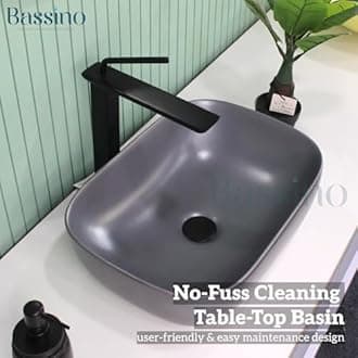 BASSINO 18x13x5.5 Inches Ceramic Counter Top Wash Basin/1 Year Warranty/Rectangular Tabletop Basin for Bathroom/Above Counter Sink for Dining Hall/Living Room/Hotel/Office(Matt Grey Finish)