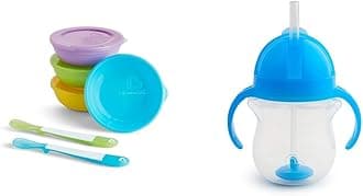 Munchkin® Love-a-Bowls™ 10 Piece Baby Feeding Set, Includes Bowls with Lids and Spoons, Multicolor & Any Angle™ Weighted Straw Trainer Cup with Click Lock™ Lid, 7 Ounce, Blue