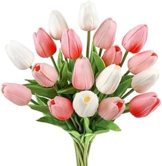 Beferr 18pcs Tulips Artificial Flowers Faux Tulip Real Touch Tulip Fake Flowers Bouquets Arrangements for Mothers Day Spring Easter Wedding Home Table Decor Colorful