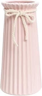 Pink Ceramic Ribbed Vases for Minimalist Modern Home Decor, Decorative Flowers Vase for Wedding Dinner Table Office Bedroom - 8 Inch / 20 CM