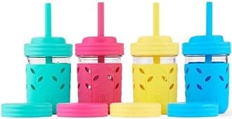 Kids + Toddler Glass Cups | The Original 8oz Glass Mason Jar with Sleeves + Lids | Silicone Straws + Stopper | Smoothie Cup | Food Storage | Spill Resistant | Dishwasher Safe | 4 Pack