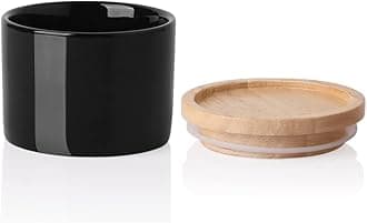 Kitchen Canisters Ceramic Food Storage Jar, Stackable Containers with Airtight Seal Wooden Lid for Serving Ground Coffee, Tea, Sugar, Spice and More - 5 Fl Oz(Black)
