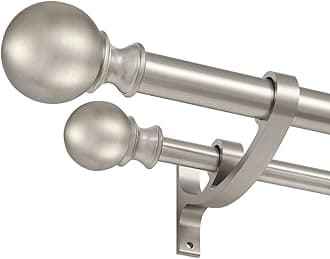 Brushed Nickel Double Curtain Rods, 28-48 Inch Adjustable Rod with Round Finials