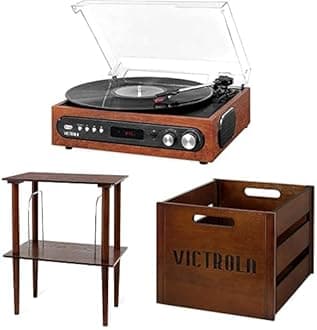 Victrola 3-in-1 Bluetooth Record Player, Espresso & Victrola Wooden Stand for Wooden Music Centers with Record Holder Shelf, Espresso & Victrola Wooden Record Crate
