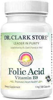 Dr. Clark Folic Acid (Vitamin B9) Supplement – 1mg, 100 Gelatin Capsules, Essential B Vitamin for Daily Health