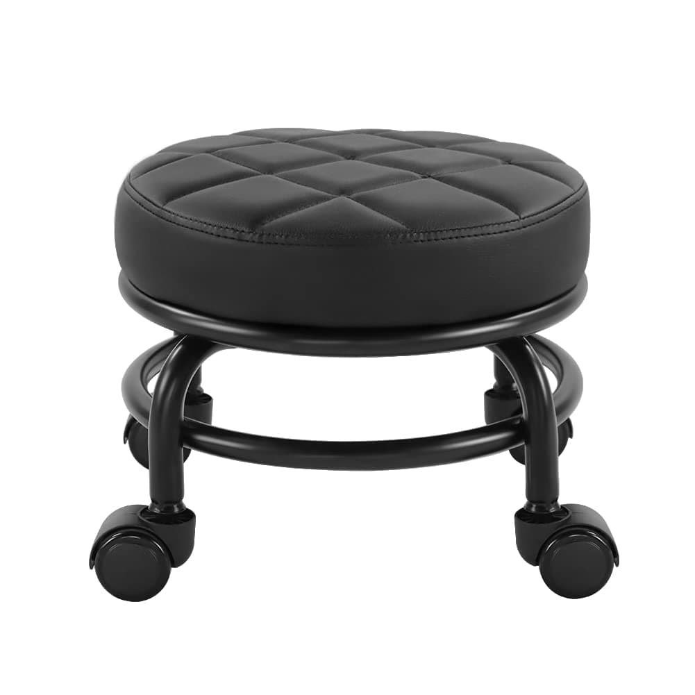 Roller Seat PU Leather Low Round Rolling Floor Stool with Universal Caster Wheels for Home Fitness Sport Pedicure Stool, H：25.5cm(Black)