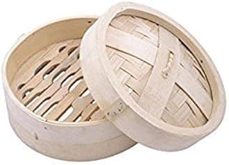 Shoppers Hub PNQ Food Grade Hygienic Bamboo Wood Based Round Shape Dimsum Basket with Lid Momos/Dimsum/Wanton Steamer Box - Great for Steaming Dim Sum, Buns, Dumplings, Vegetables, Fruits (Basket Color Cream/Diameter 10 Inch Approx)