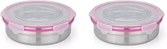 STEELLOCK Stainless Steel Container/Dabba with 4 Side Clip Lock see through Lid for Office & School Use/Food Grade/Air Tight/Easy to Carry/Leak Proof (SL-1501-2pcs X 1300 ml, Pink)