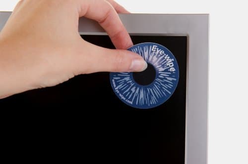 EYE WIPE ® Screen cleaner (that stick!) 60 mm Diameter single side microfaser cloth cleaning Pad back side SELF ADHESIVE !