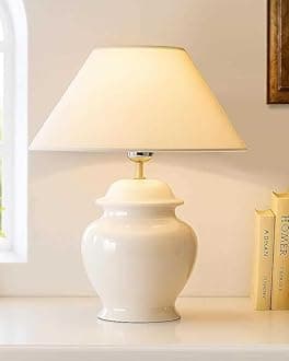 Homesake Ceramic Pot Shaped Base White Table Lamp with White Cone Shade, LED Bulb