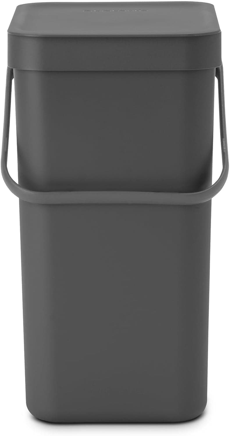 Sort & Go Waste Bin 12L (Grey), Space-Efficient Plastic Recycle Container with Handle, Removable and Stay-Open Lid, Easy to Clean Kitchen Bin without Nooks and Rims
