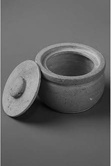 80s COOKWARE Traditional Soapstone Storage Pot with Lid – Small Size (Dia: 15 cm, 1000ML, 2kg) | Ideal for Curd, Salt, Pickle & Tamarind Storage | Natural Grey Finish