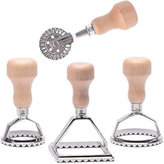 MASTER FENG Ravioli Stamp Set, Ravioli Maker Cutter Stamp, Mold with Wooden Handle and Fluted Edge (4 Set with Cutter)