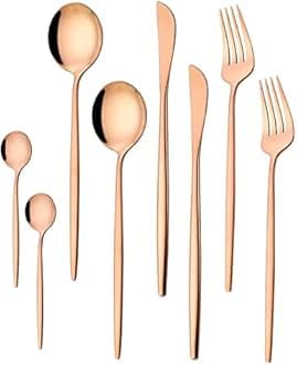 Mirror Finish Rose Gold Plated Stainless Steel Flatware Set - Copper Silverware Color Cutlery [Dinner Fork, Tea Spoon, Salad Spoon, Knife] (Set of 8)