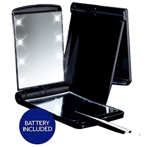 Deluxe LED Compact Makeup Mirror Black True Mirror and 5x Magnification Includes Battery and Tweezers, Perfect Cosmetic Mirror for Travel and Purses. Handheld Mirror Folds Back for Vanity Style